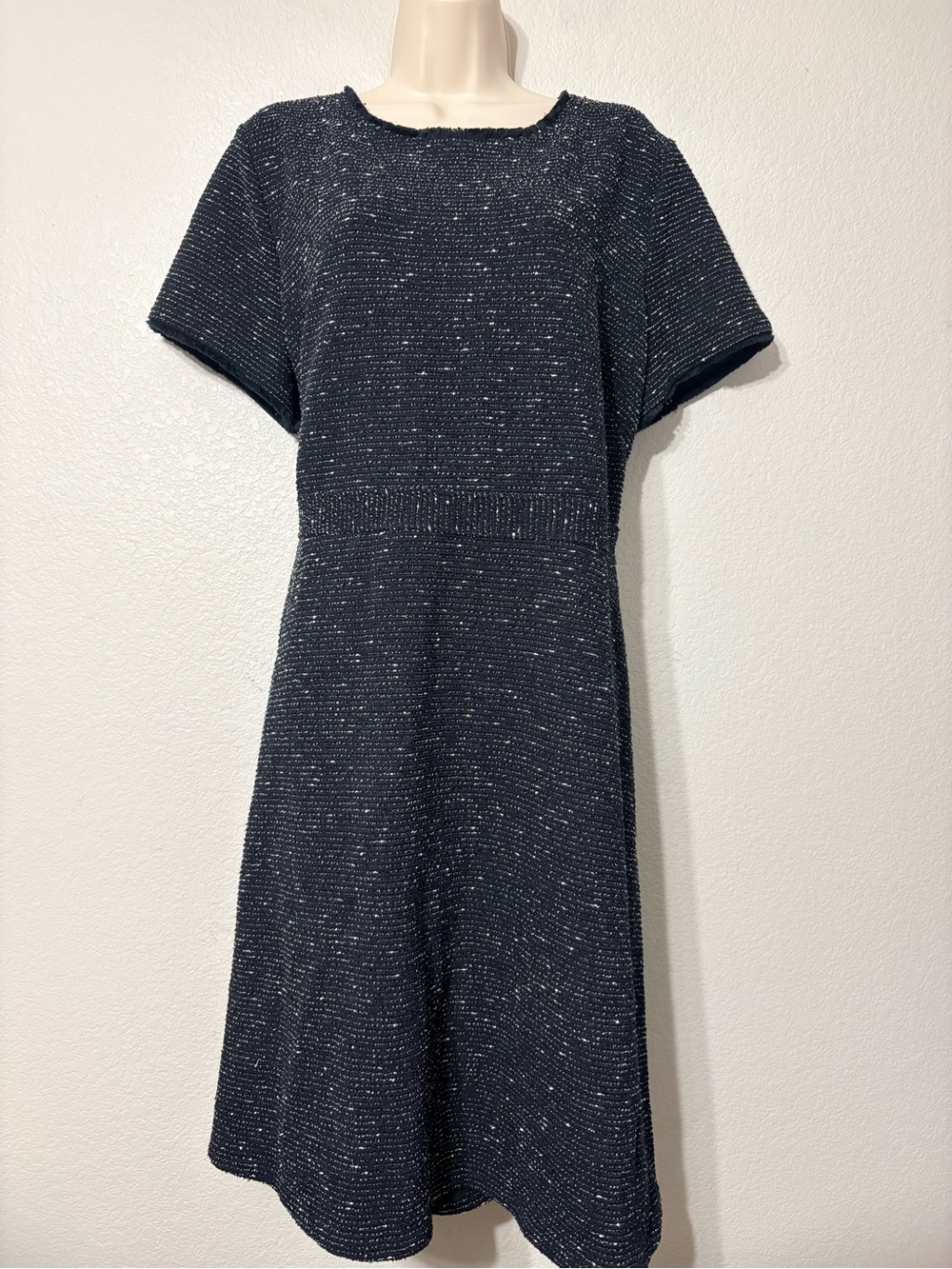 Loft‎ Black White Tweed Textured Midi Knit Dress Fringe Detail Office Career 16